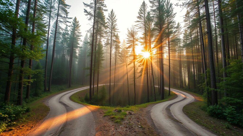 Deux arbres se rejoignant sous la lumière dorée du matin, symbolisant l’union de la psychologie et de la spiritualité vers l’éveil intérieur