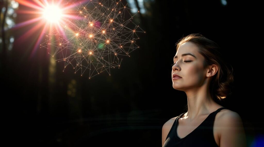 Femme en méditation dans une forêt au lever du soleil, entourée d’un réseau neuronal lumineux symbolisant l’activité cérébrale pendant l’éveil spirituel__