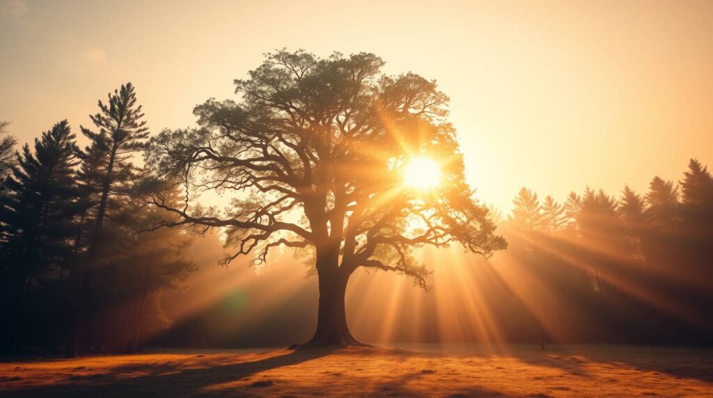 Grand arbre majestueux éclairé par le soleil au lever du jour, symbolisant l’unification de la guérison psychologique et de l’éveil spirituel