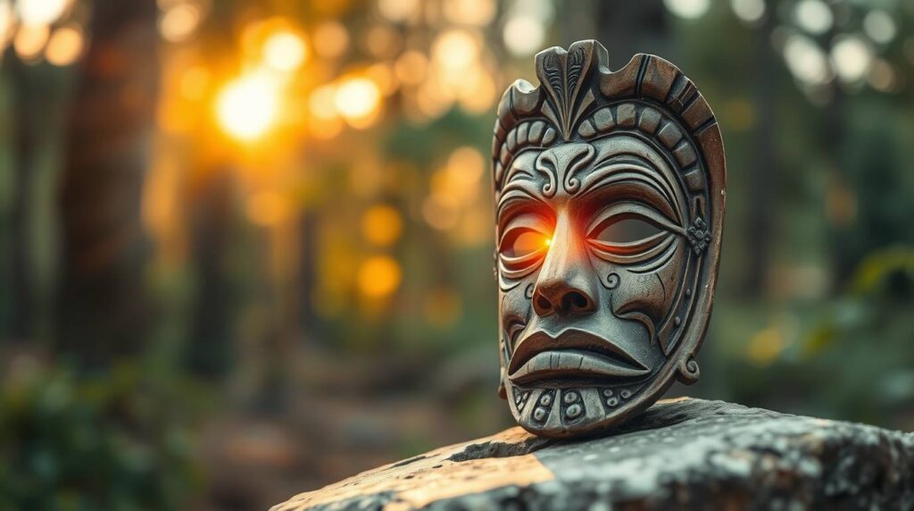 Masque ancien posé dans une clairière forestière illuminée par le soleil, symbolisant l’illusion de l’ego et la lumière du Soi en éveil spirituel