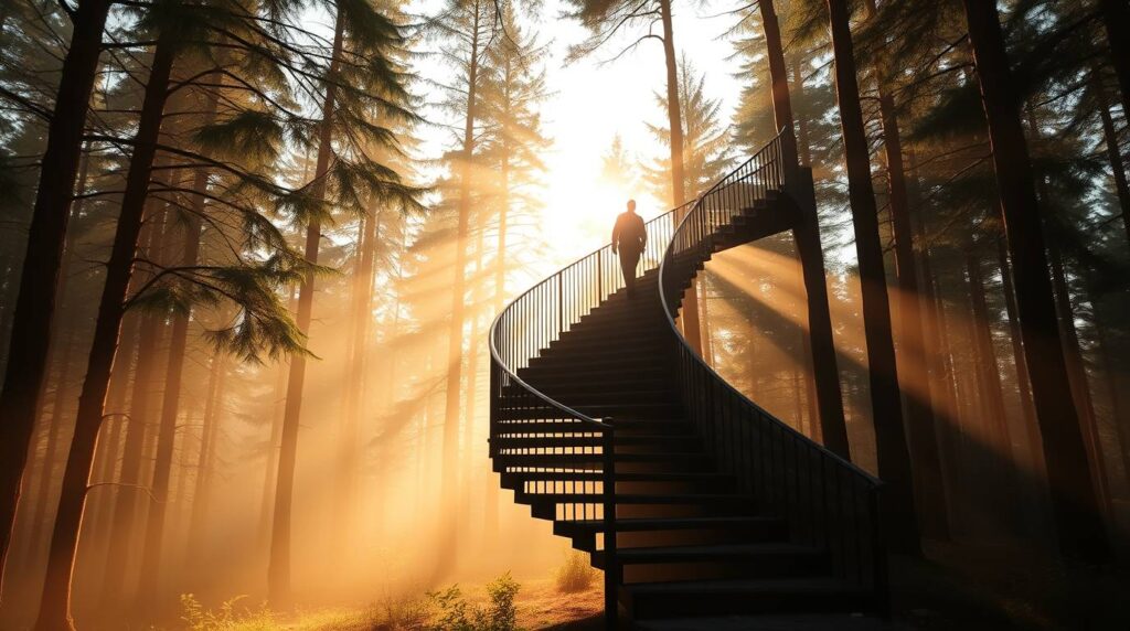 Personne de dos montant un escalier en spirale dans une forêt dorée au lever du soleil, illustrant les illusions de progression spirituelle dans le développement personnel
