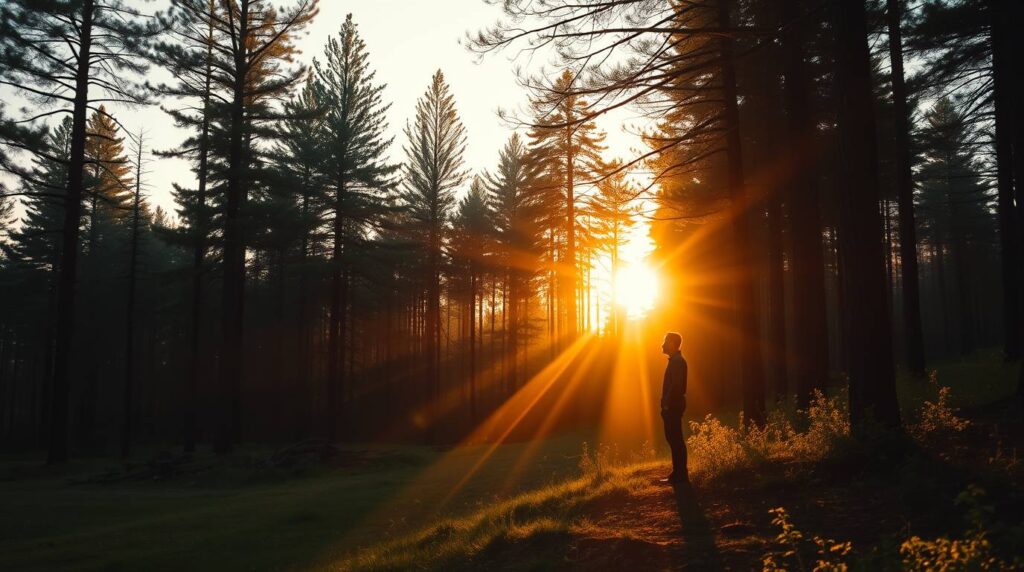 Silhouette humaine face à la lumière du matin en forêt, ombre longue au sol symbolisant l’intégration des parts d’ombre dans la transformation psycho-spirituelle